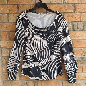 Svetlana Womens Top Blouse Long Sleeves Black White Size 10